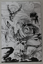 Load image into Gallery viewer, Black and white illustration of a warrior and a fairy-like figure with a landscape background